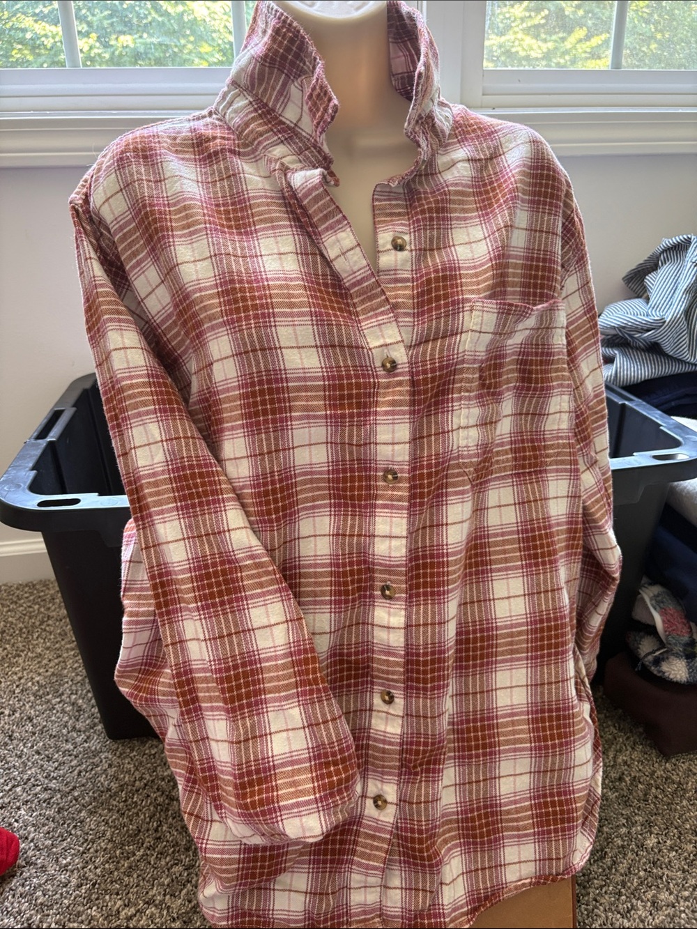 American Eagle Outfitters Pink and White Plaid Button-Down Shirt